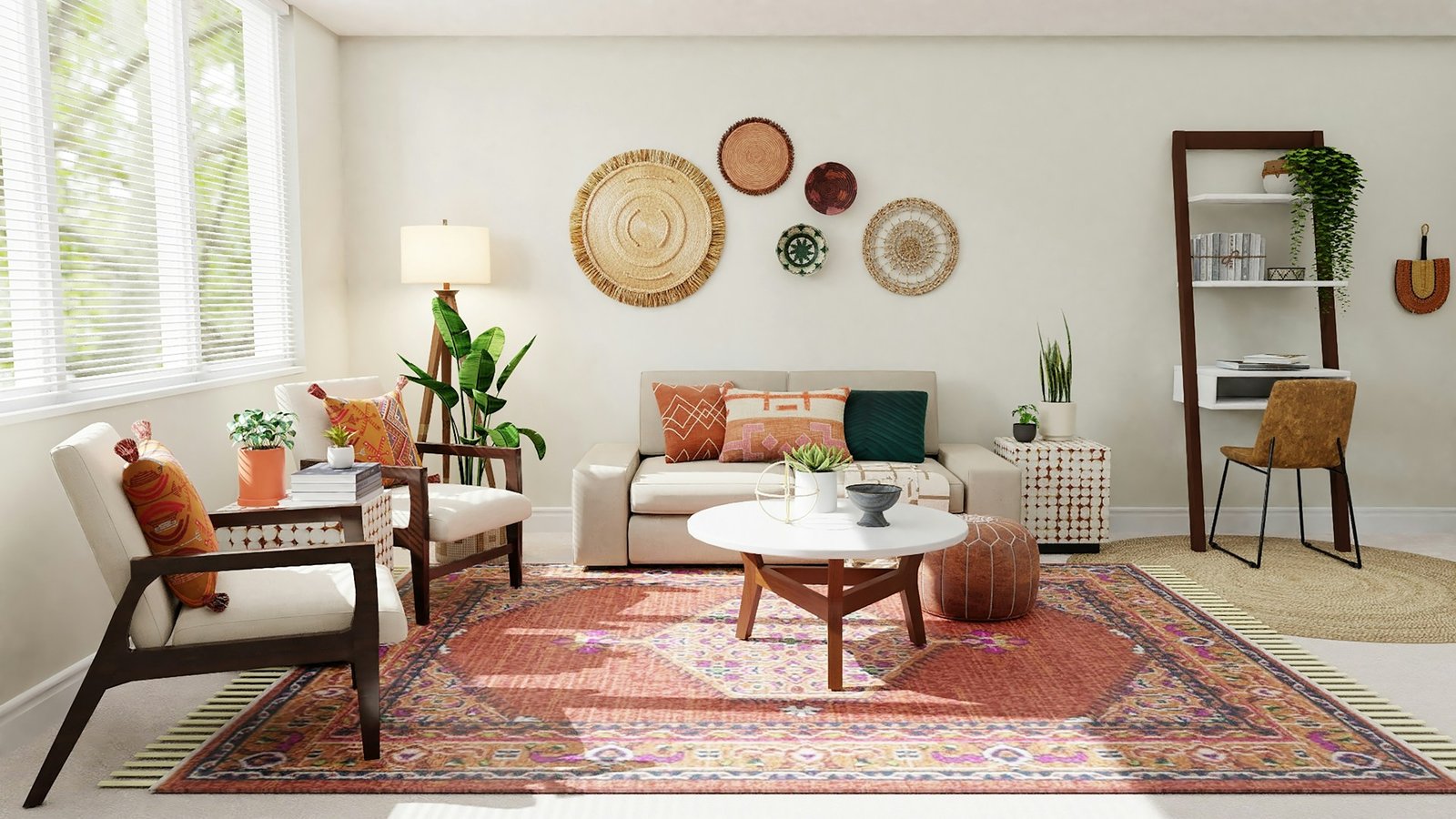  An eclectic living room combining a contemporary neutral sofa, vintage wooden side table, antique accent chair, and modern artwork.