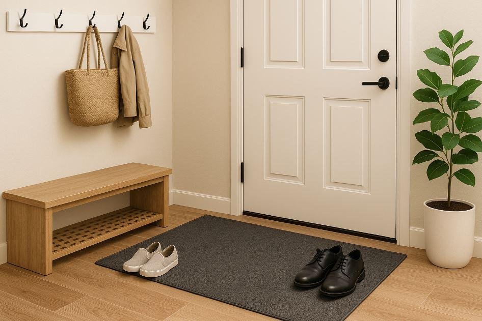 Organized home entryway with a clean doormat and a simple potted plant