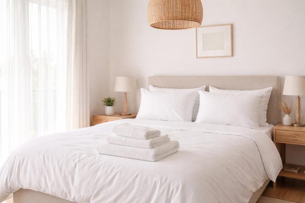 Guest bedroom with clean bedding and fresh towels prepared for overnight visitors