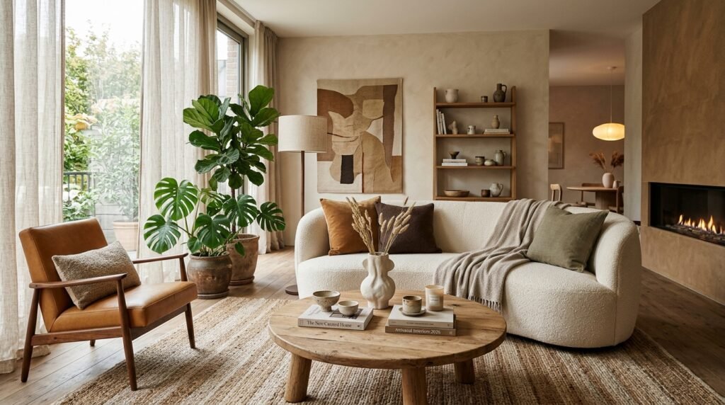 Modern 2026 home decor with warm earthy colors, natural materials, curved furniture, and layered lighting